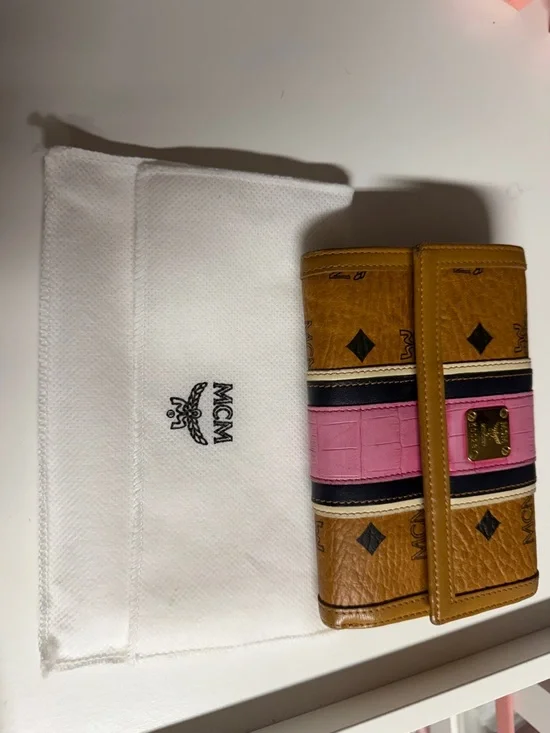 MCM Trifold Wallet in Cognac, Pink & Black Stripe Accents - Picture 15 of 15